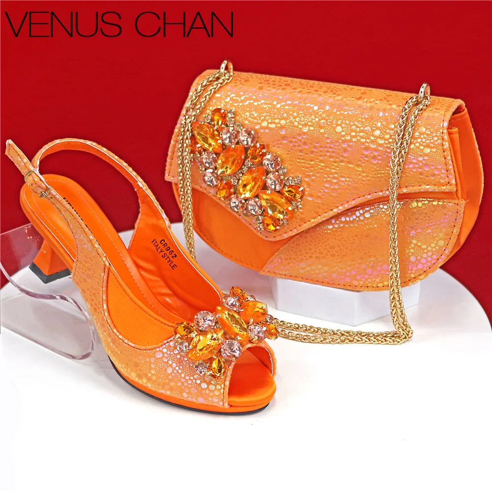 Elegant Rhinestone High-Heels Shoes & Handbag Set
