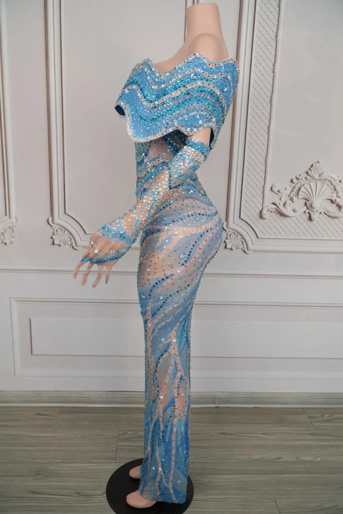 Women's Blue Rhinestone Maxi Gown with Gloves | Luxury Evening Dress for Party & Photoshoot