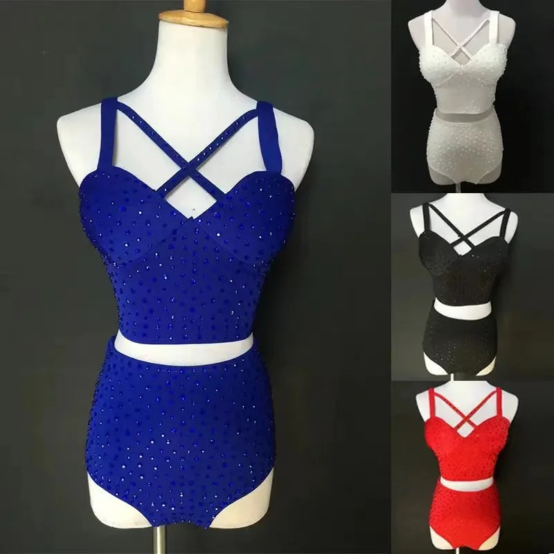 Sparkly Rhinestone Crop Top & High-Waisted Shorts Two-Piece Dance Costume Set