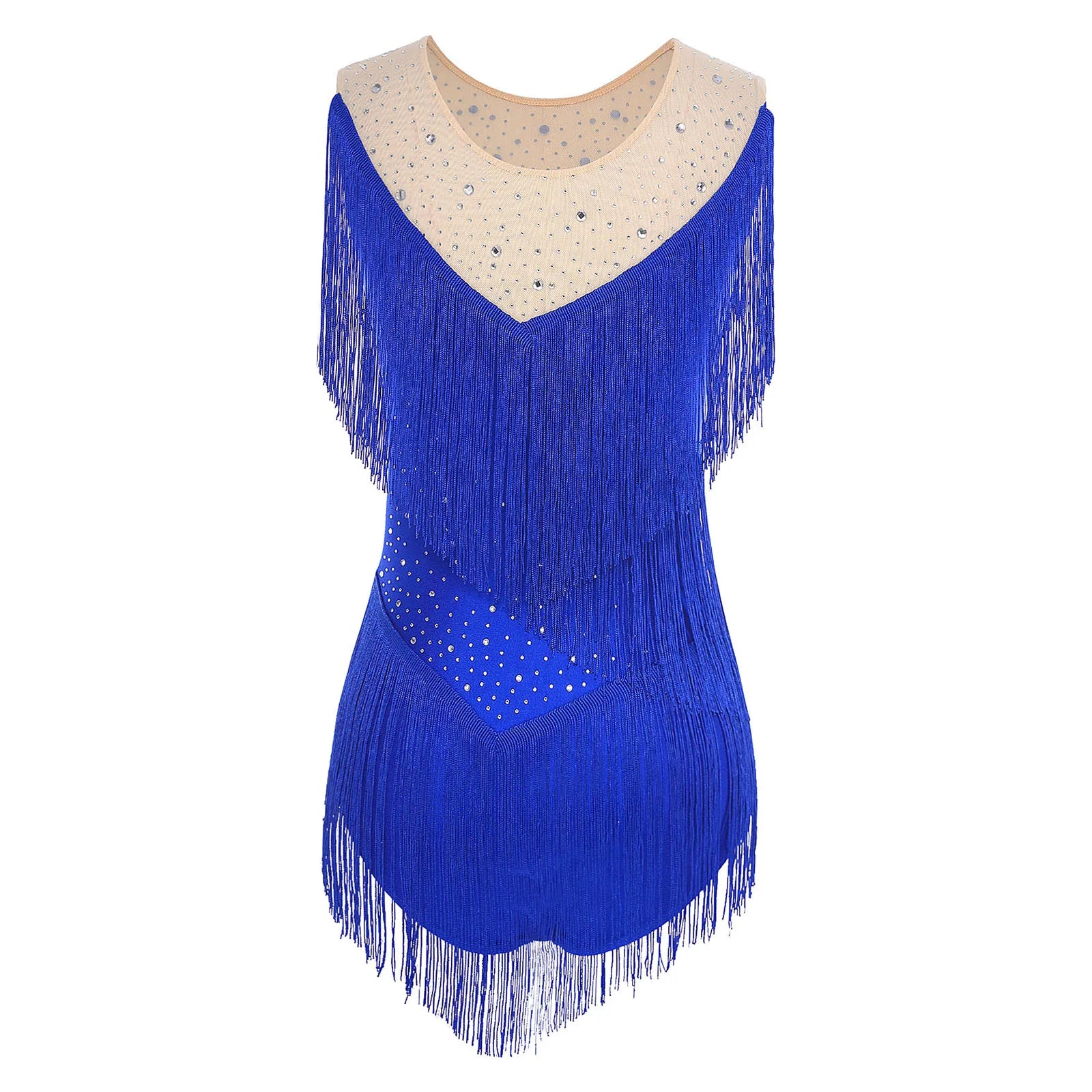 Sparkly Rhinestone & Tassel Fringe Latin Dance Leotard Crew Neck Bodysuit