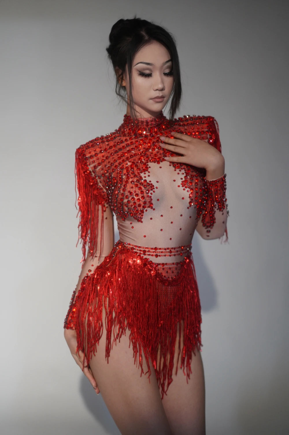 Sparkly Rhinestone Sequin Fringe Stage Bodysuit Performance Dance Leotard