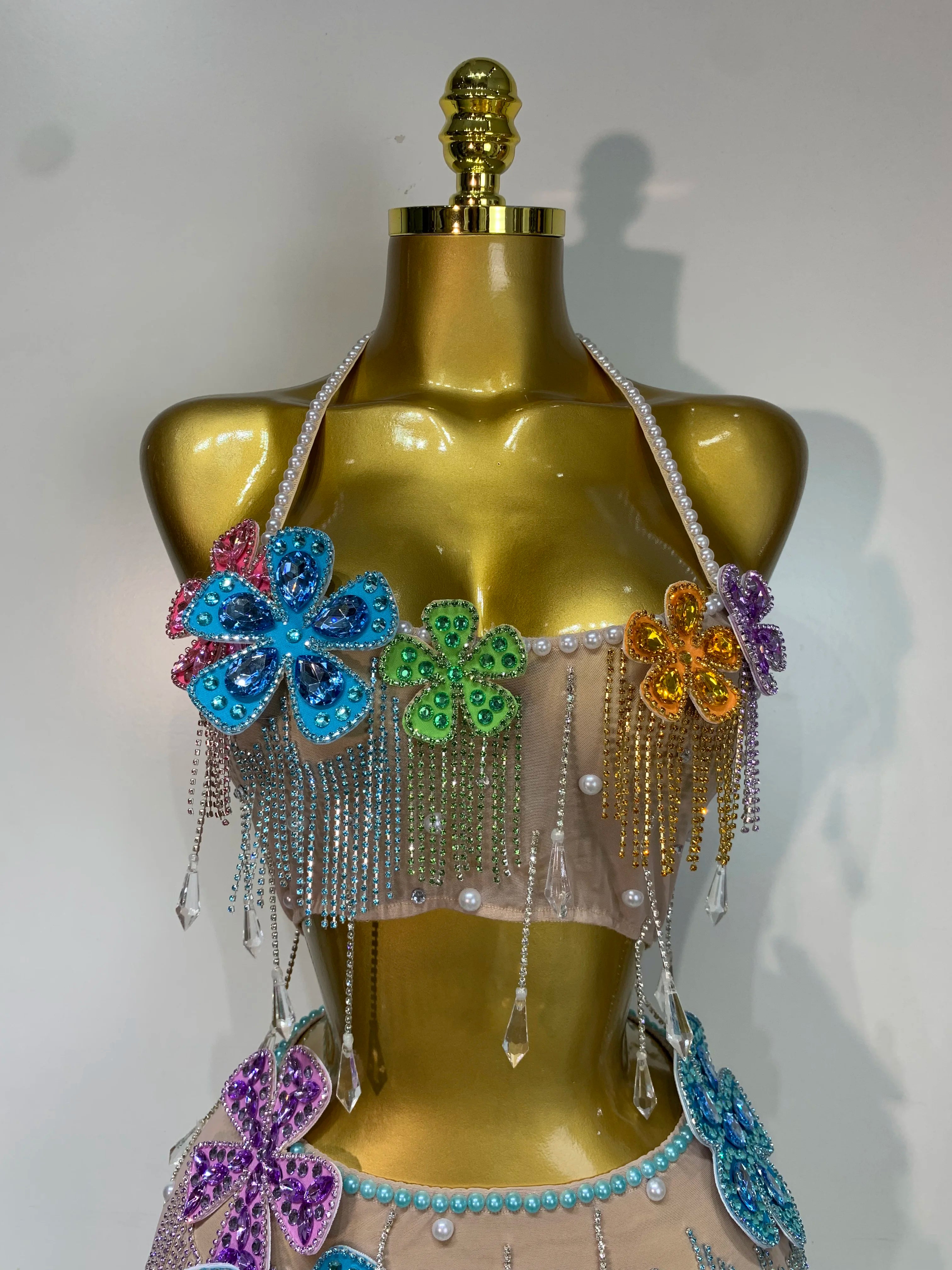 Colorful Rhinestone Pearl Sheer Dress & Two-Piece Mini Skirt Set Celebration Outfit