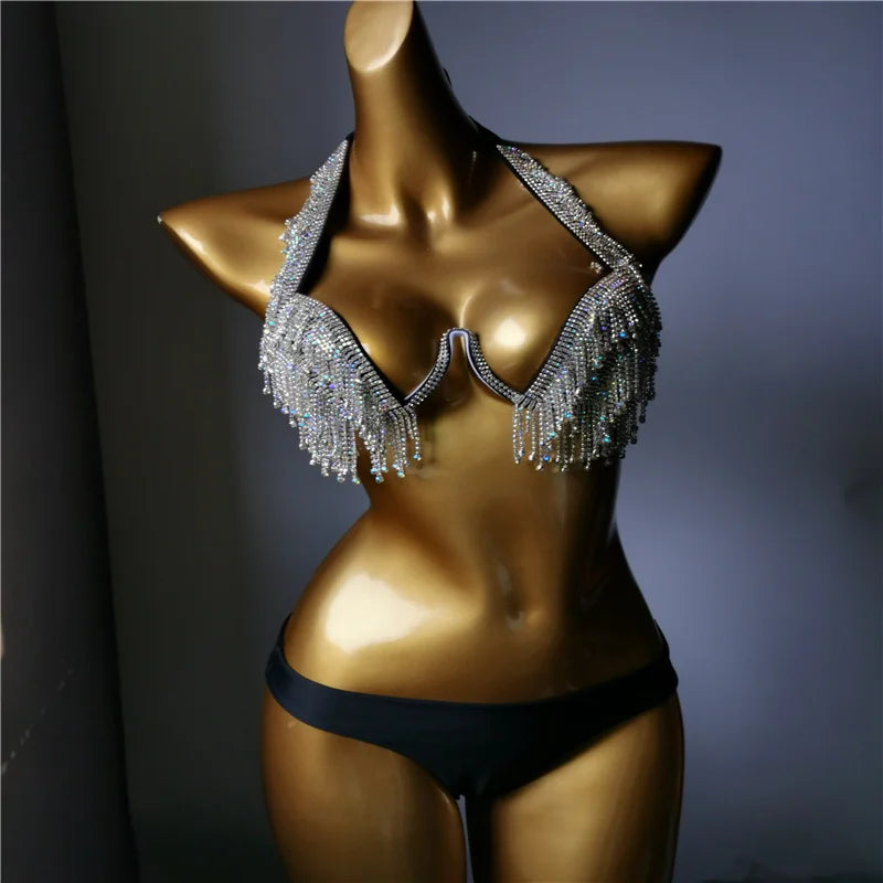 Luxury Rhinestone Siamese Monokini – Shimmering Crystal Cut-Out One-Piece Swimsuit & Elegant Body Harness Bathing Suit