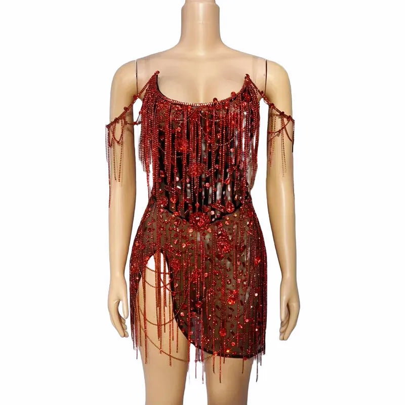 Red Party Diamond Chains Strapless Dress Women Evening Celebrate Red Carpet Catwalk Cocktail Dress Singer Concert Stage Costume