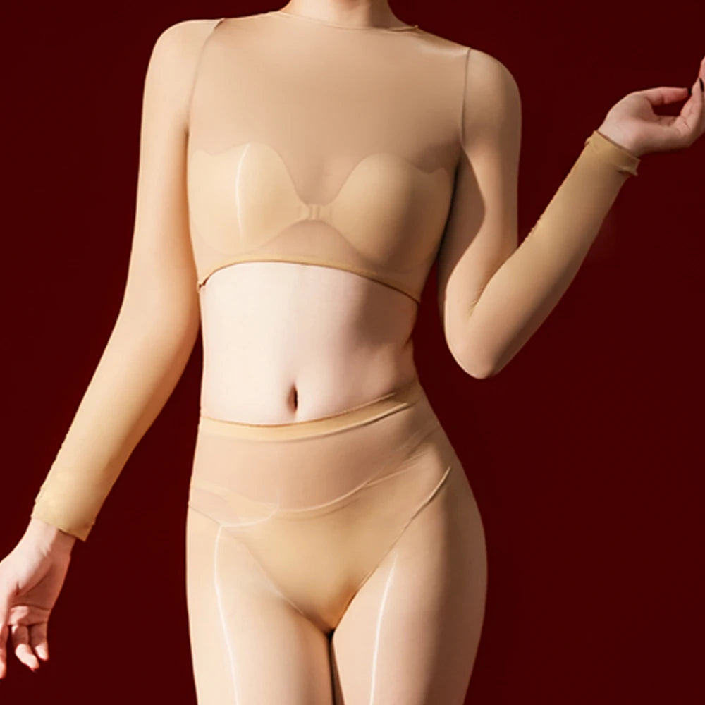 Sexy Women 5D 912 Pin Oil Glossy Shiny Short Top Elastic T-shirt Sheer See Through Maid Tights Crop Tops Yoga Street Wear
