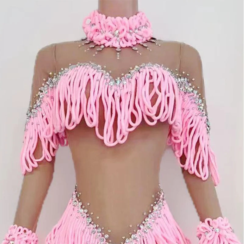 Pink Tassel Long-Sleeve Bodysuit Drag Queen & Gogo Stage Performance Costume