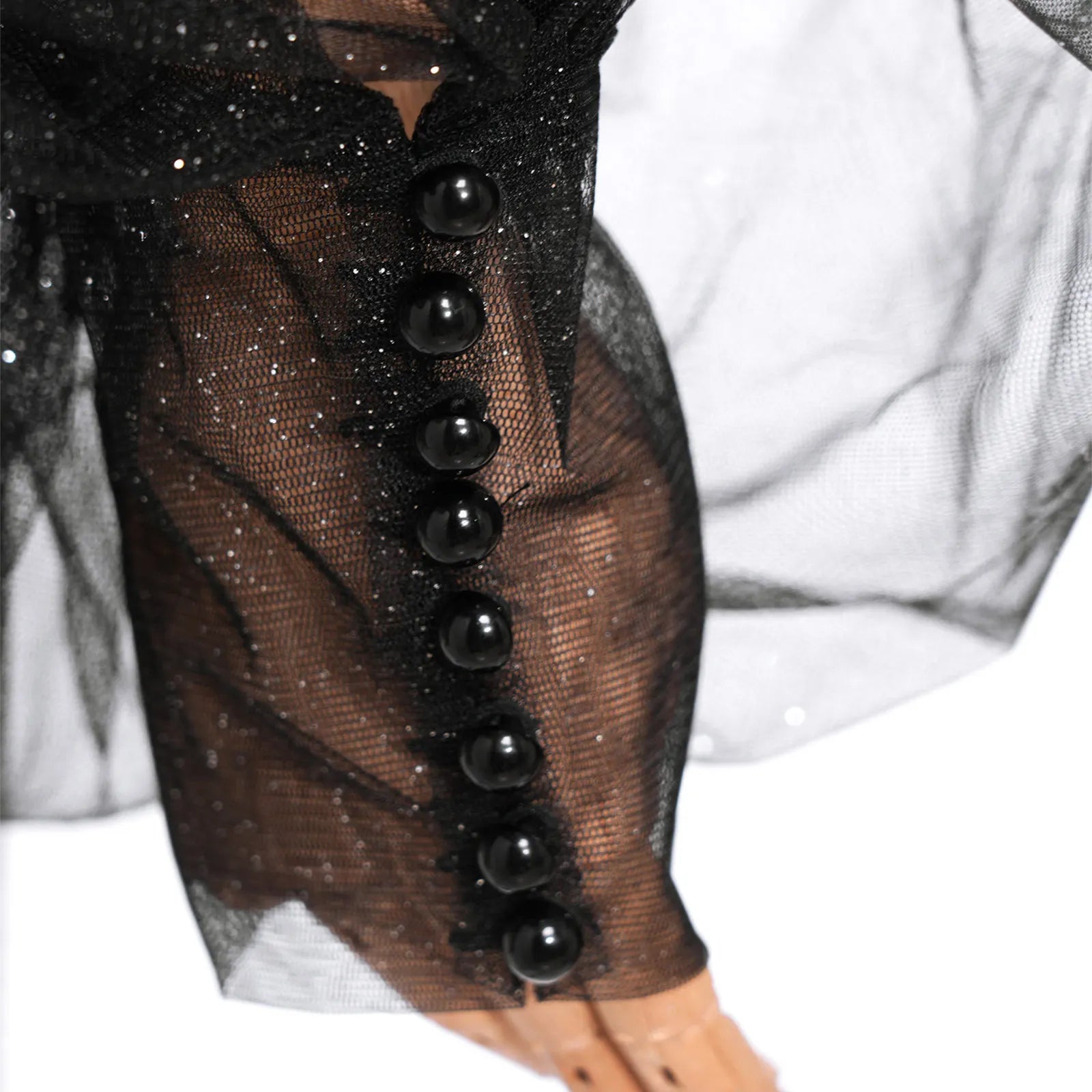 Shimmering Mesh Lantern Sleeve Bolero Shrug & See-Through Mock Neck Top