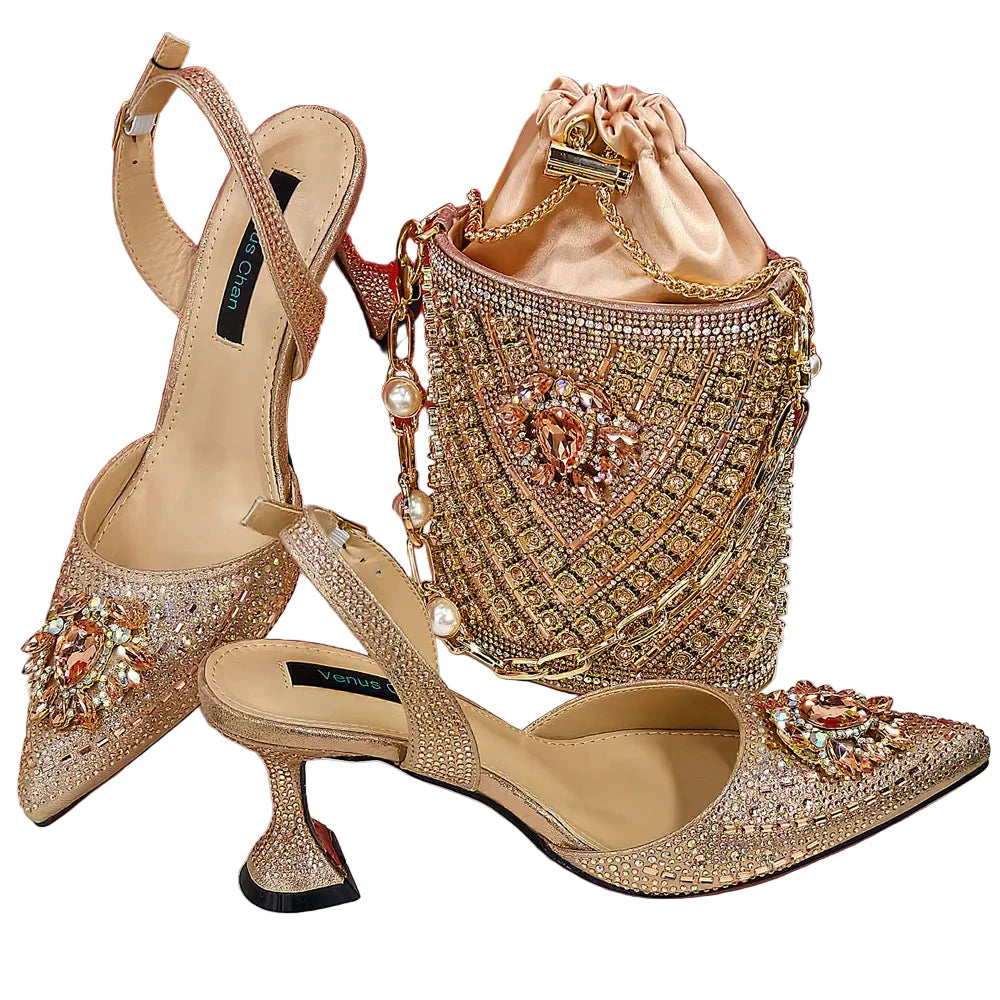 Women Shoes and Bag Set With Rhinestone Handbag