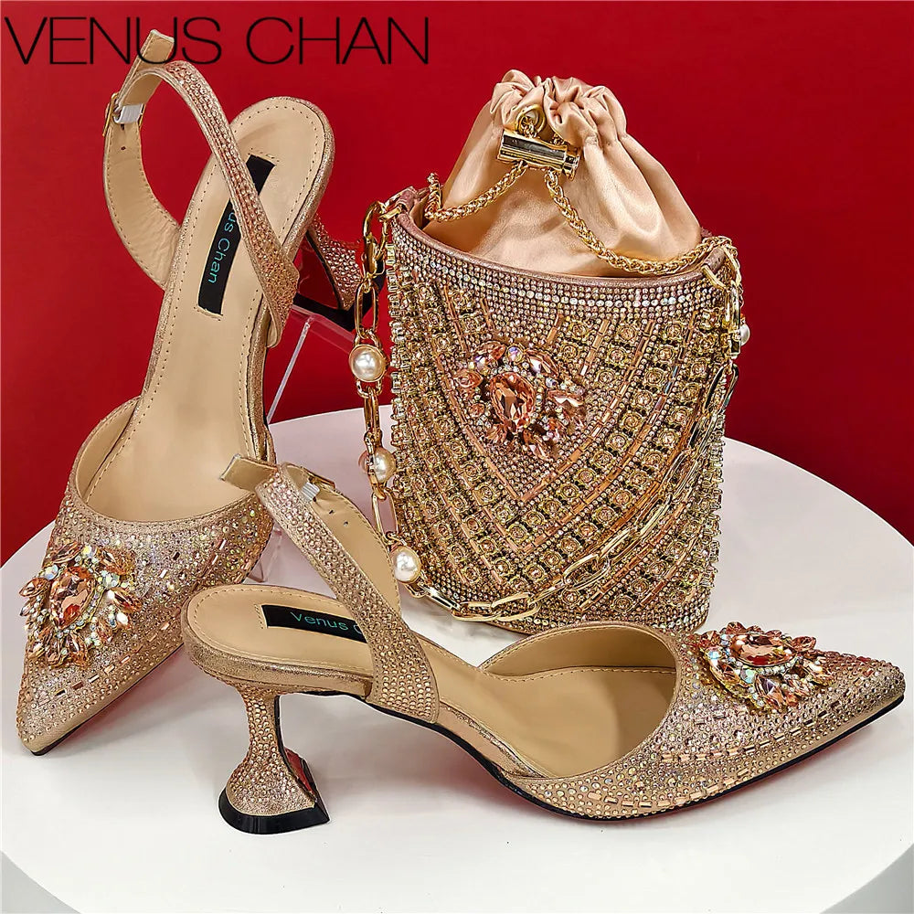 Shoes and Bag Set With Rhinestone Handbag