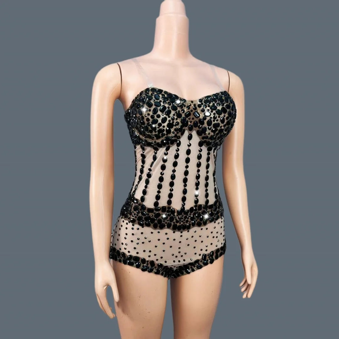 Sparkly Rhinestone Black Bodycon Sheer Mesh Bodysuit Nightclub Stage Outfit