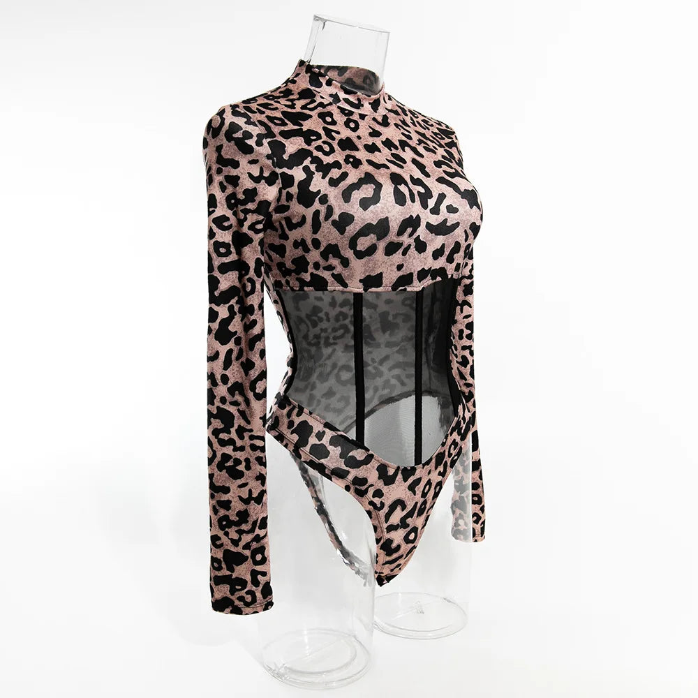 Leopard Print Sheer Mesh Corset Bodysuit Long Sleeve Stage Performance Dancewear