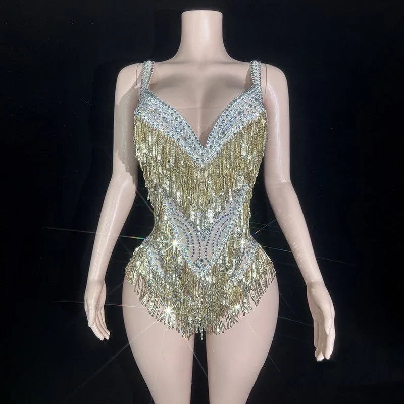 Gold Tassel Showgirl Bodysuit