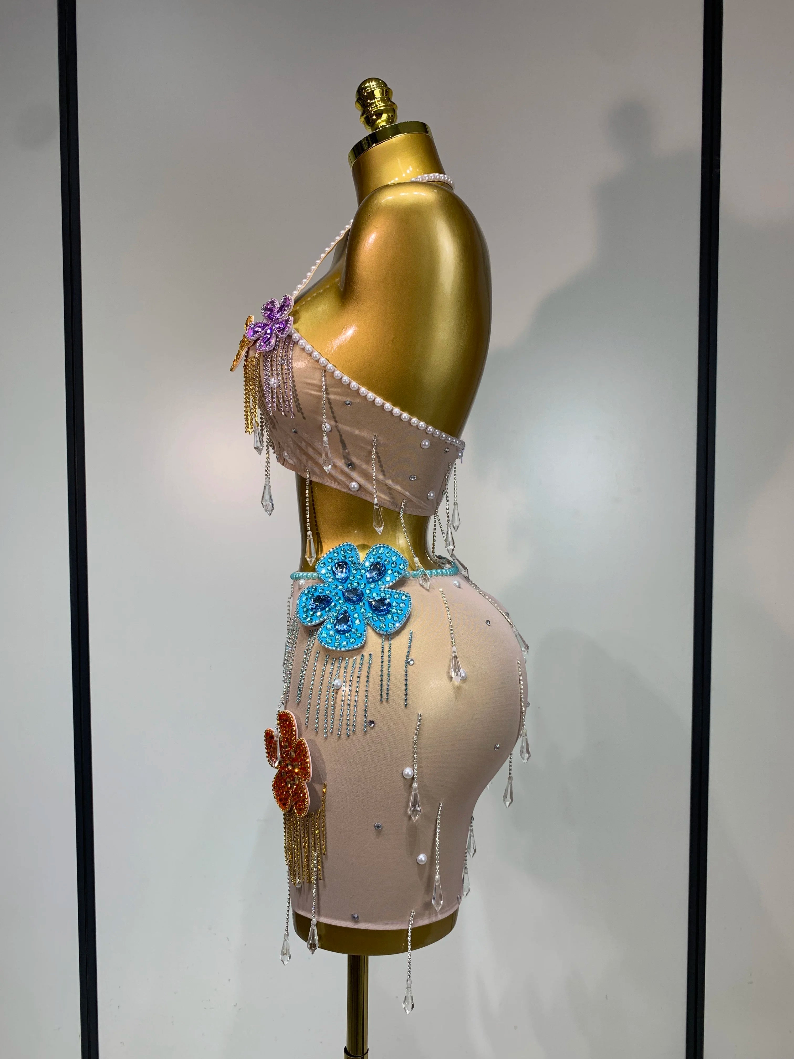 Colorful Rhinestone Pearl Sheer Dress & Two-Piece Mini Skirt Set Celebration Outfit