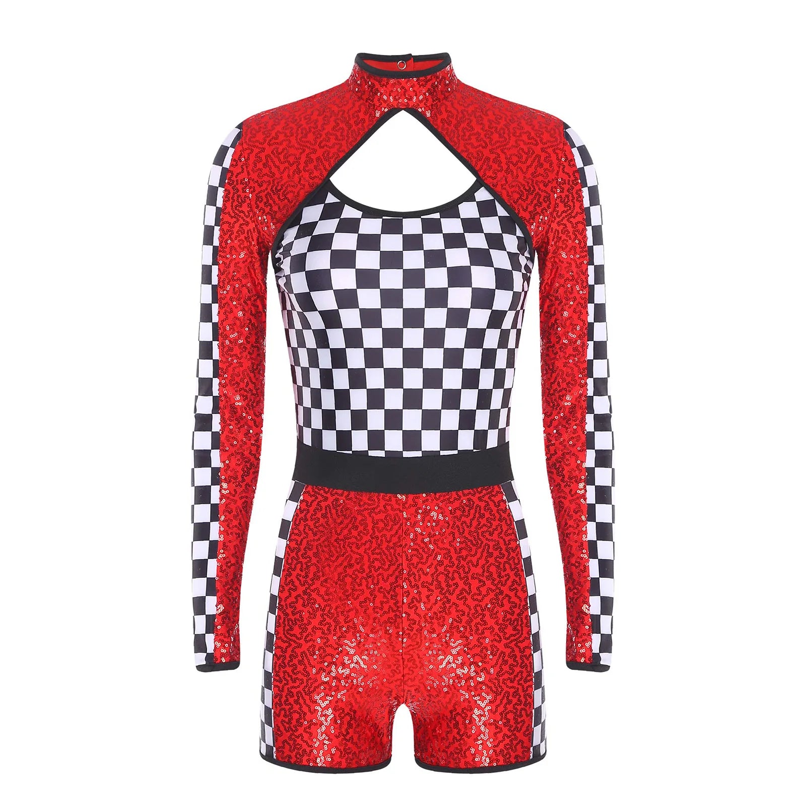 Sequin Checkerboard Car Racing Driver Costume Cutout Long Sleeve Romper Jumpsuit