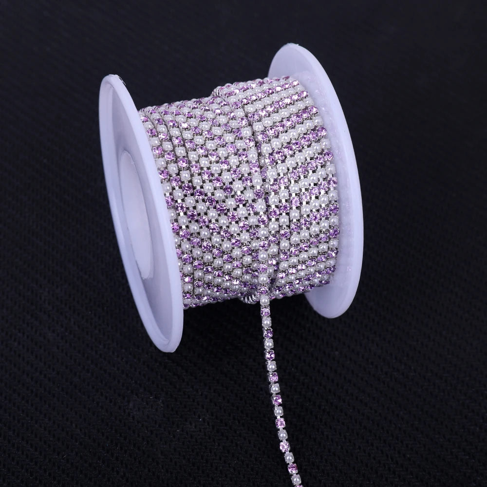 The Stardust Pearl Stream – Premium Silver Base Glass Rhinestone & ABS Pearl Cup Chain Trim