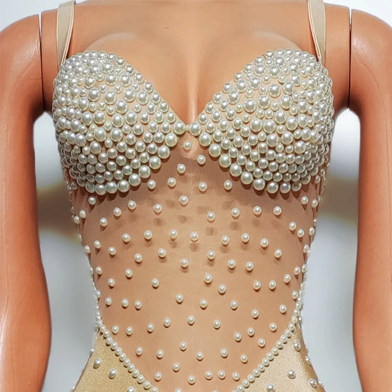Pearl Encrusted Nude Illusion Bodysuit Sparkly Stage Dance Leotard Costume
