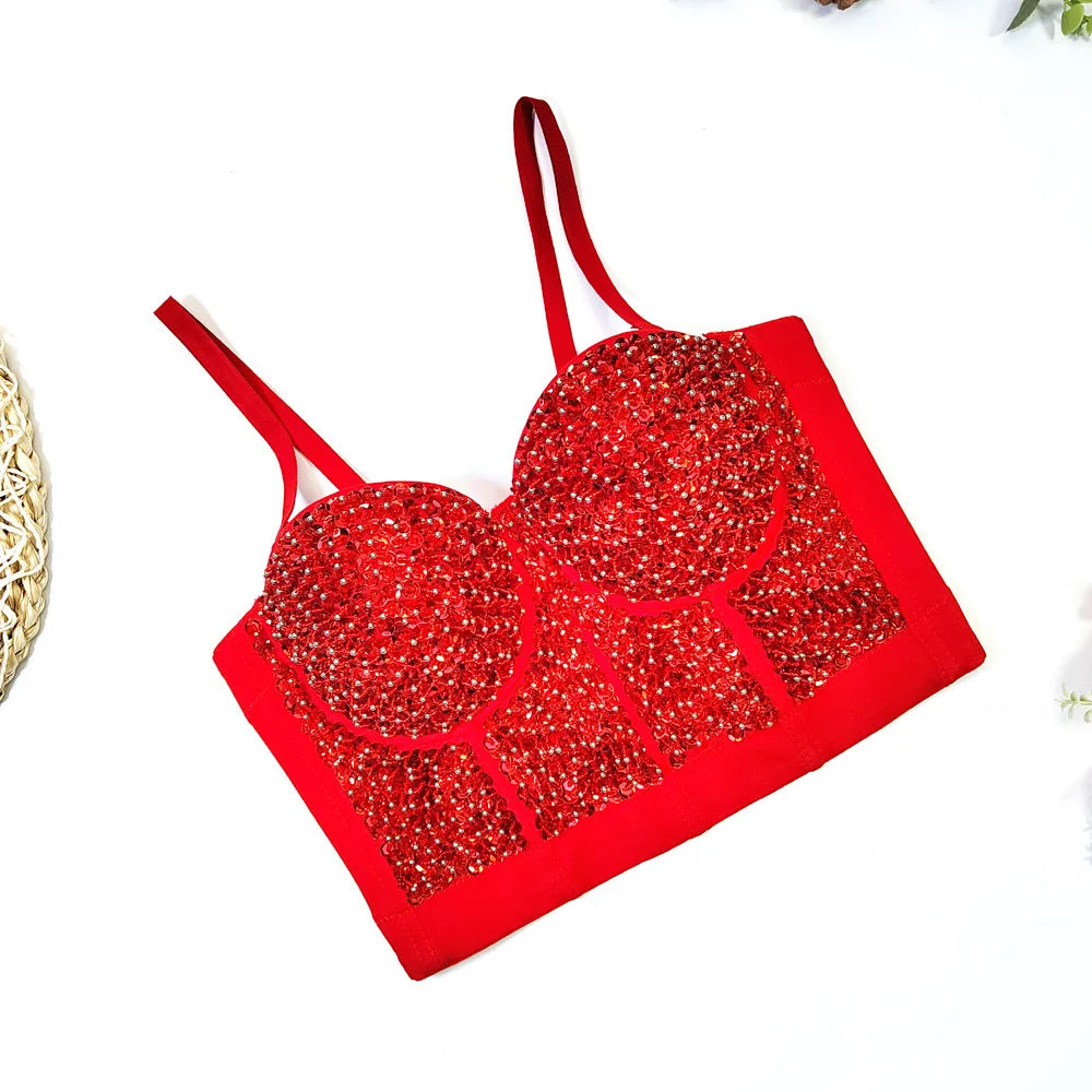 Gold Beaded Sequin Embroidery Bustier Corset Crop Top Party Bralette