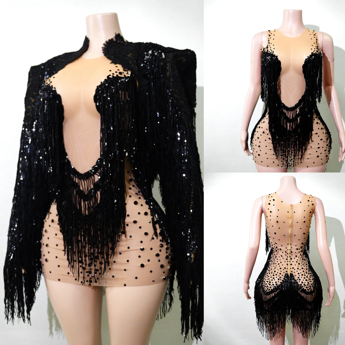 Rhinestone Tassel Fringe Jacket And Dress Costume Set