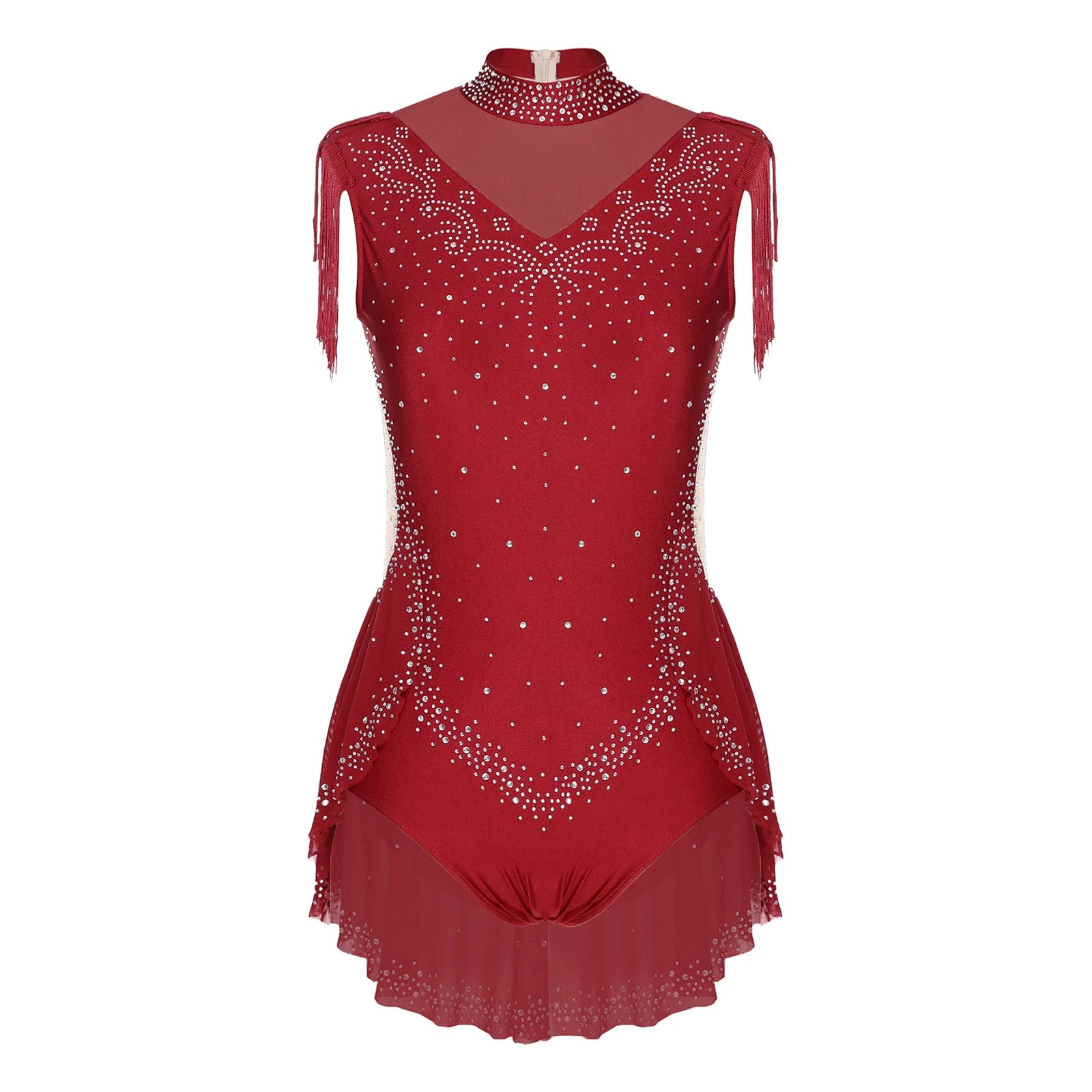 Rhinestone Mock Neck Mesh Tassel Leotard