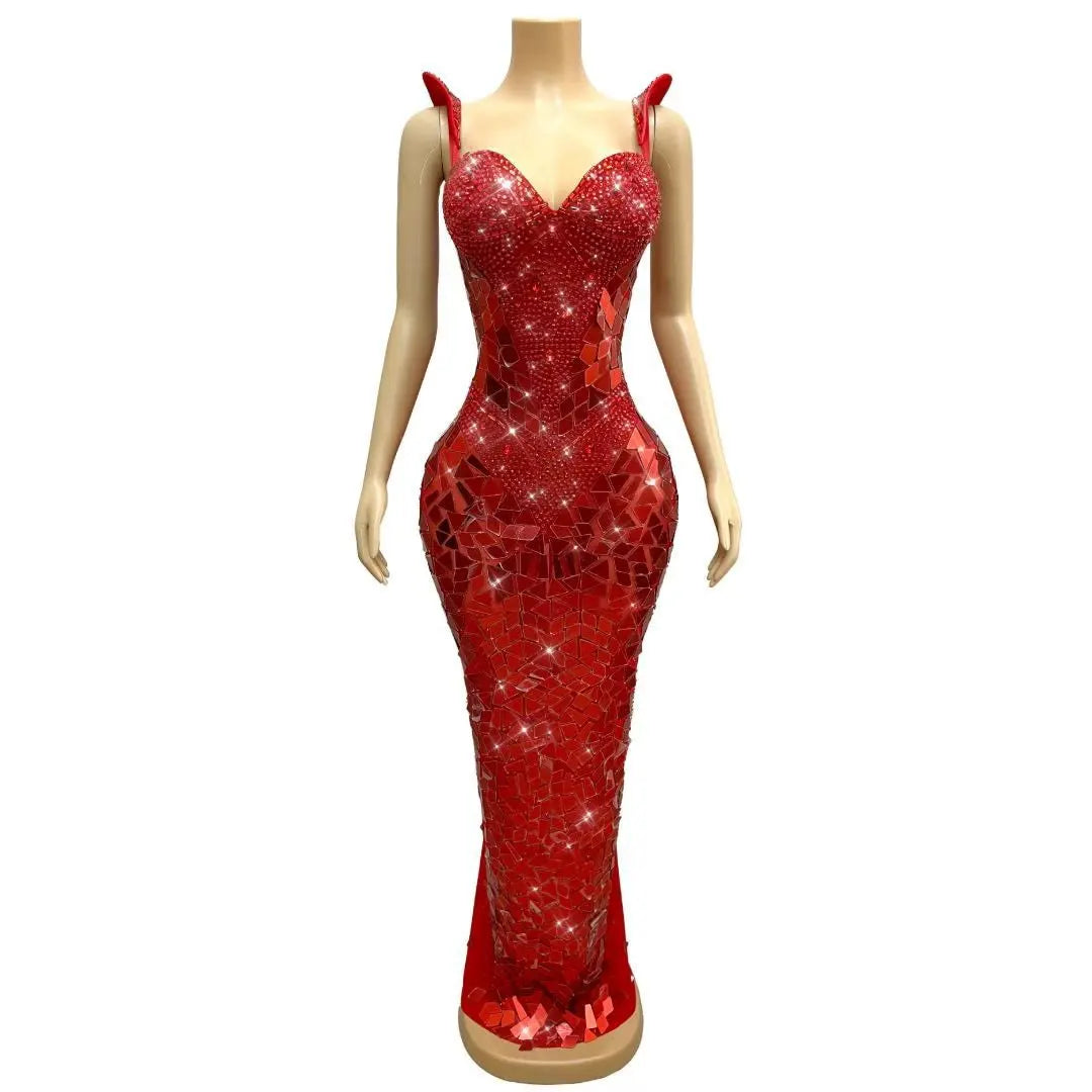 Women's Red & Gold Rhinestone Mirror Suspender Dress | Sparkly Elegant Gown for Red Carpet & Stage