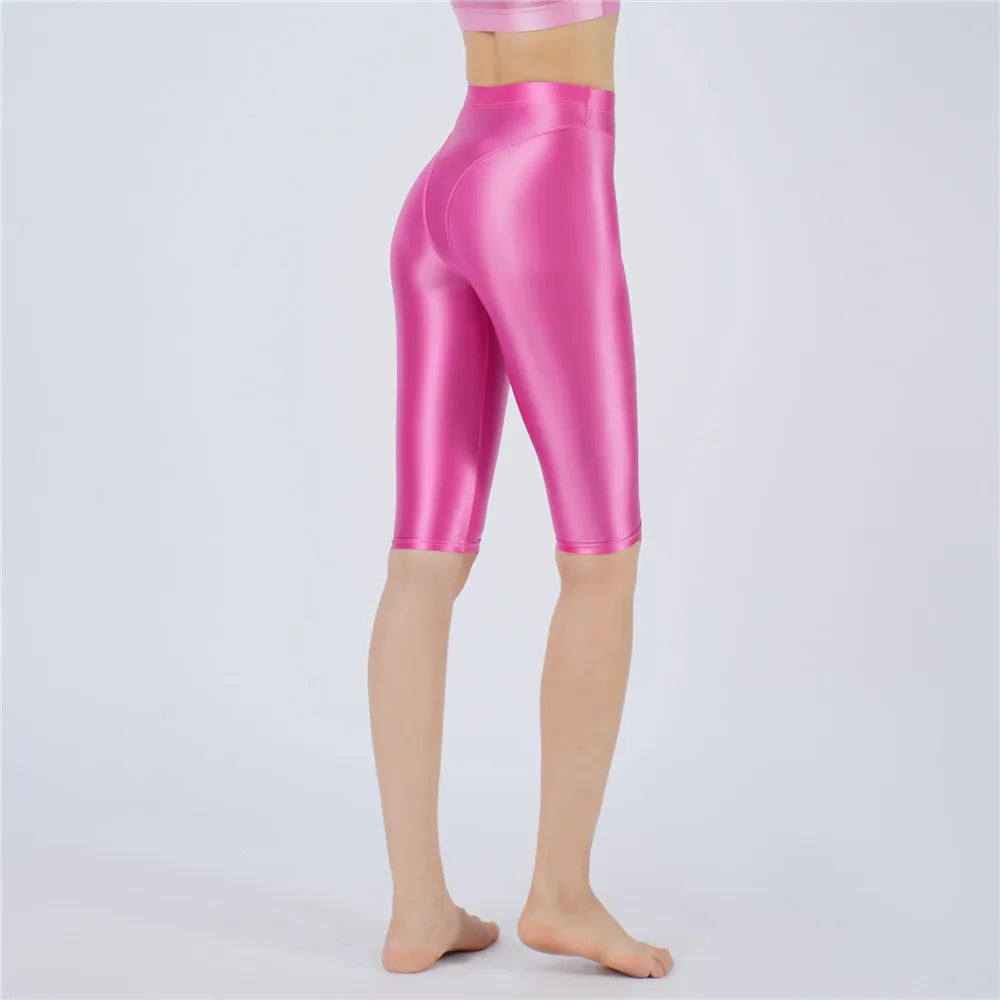 Oil Glossy High-Stretch Knee-Length Shorts Satin Shine Performance Biker Shorts