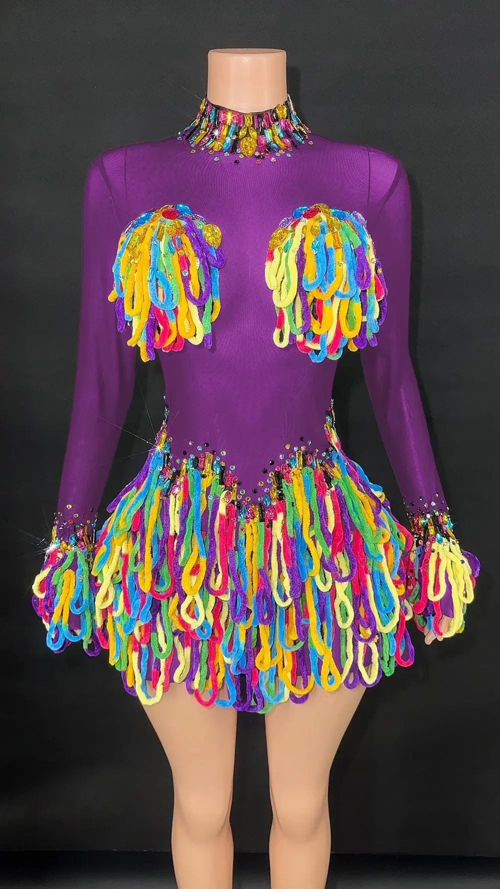 Rainbow Crystal Rhinestone Bodysuit Cascading Fringe Tassel Long-Sleeve Stage Costume