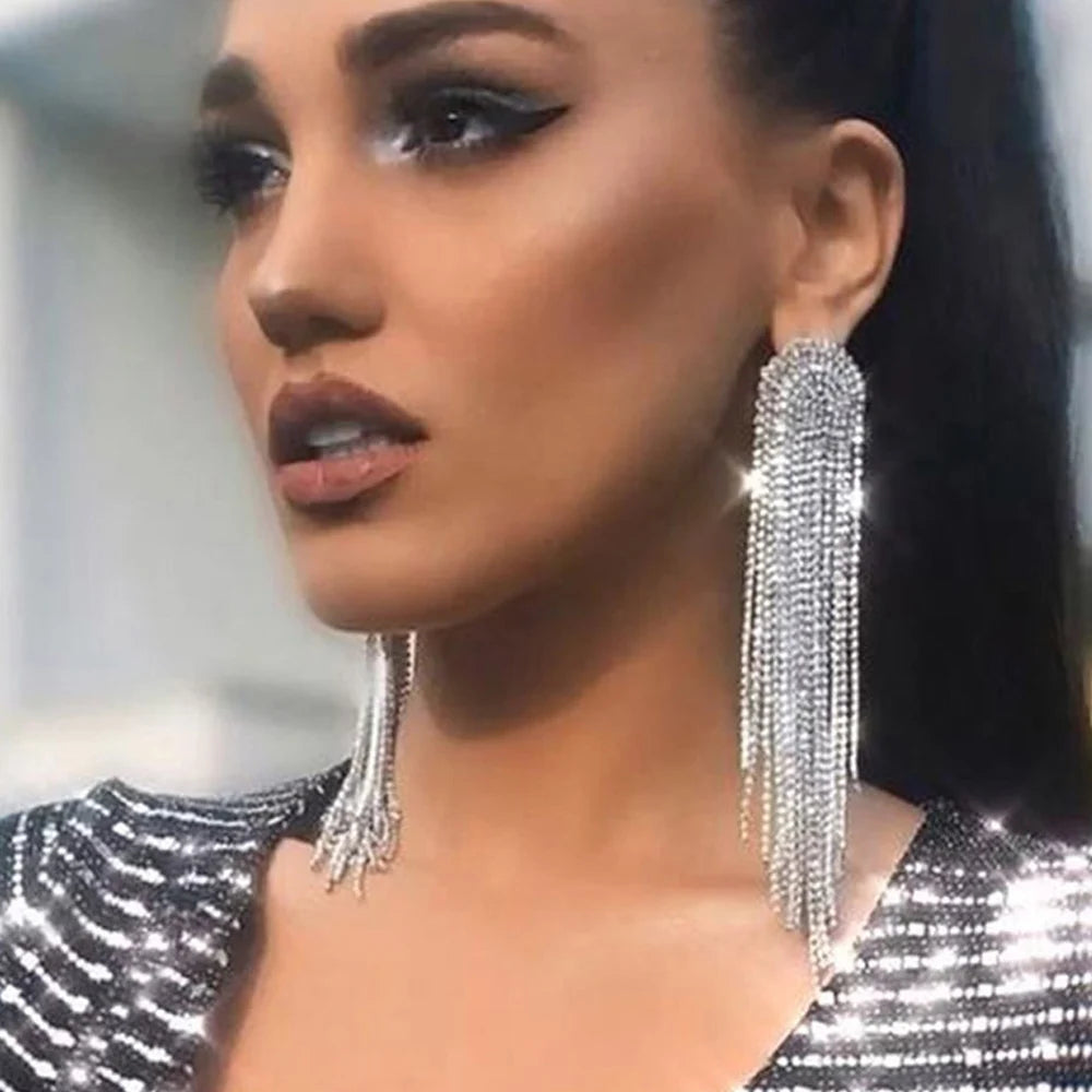 Long Rhinestone Tassel Drop Earrings