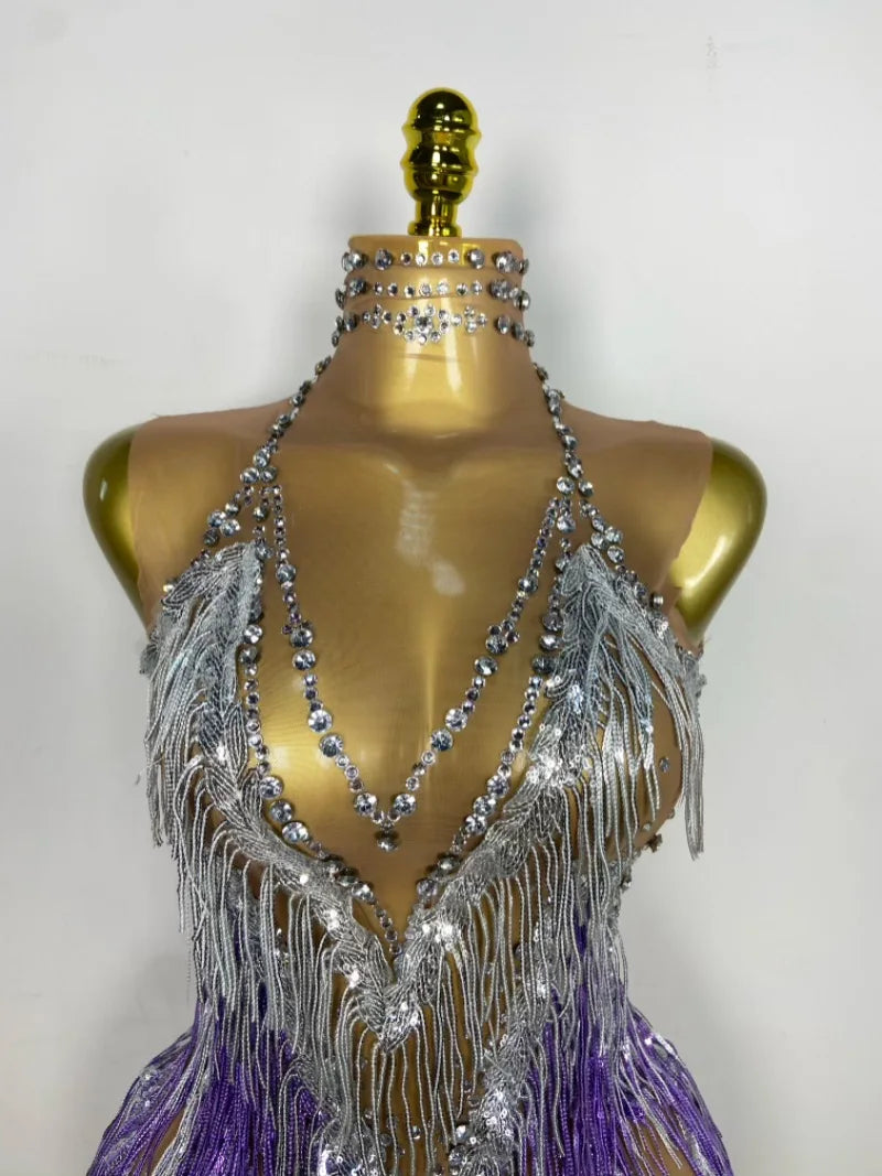Sparkly Rhinestone & Tassel Fringe Latin Dance Mini Dress Stage Costume