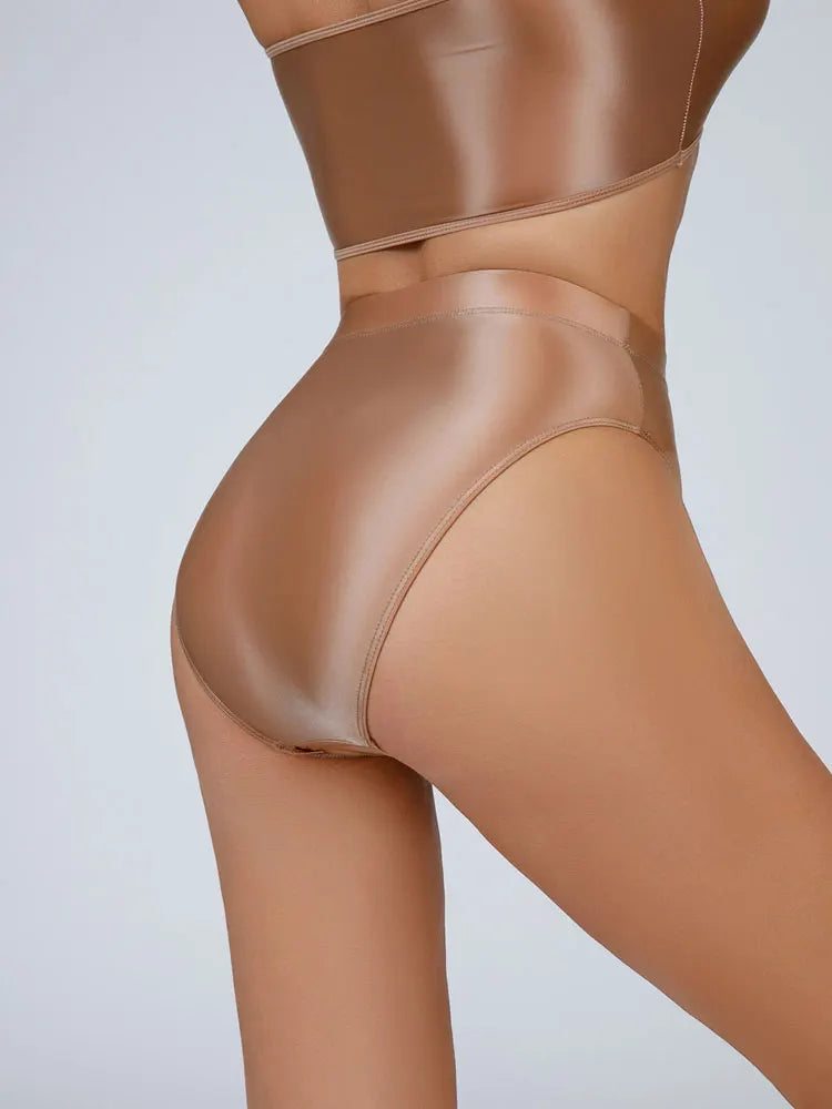 High-Waist Oil Glossy Sheer G-String Thong Satin Smooth Seamless Briefs