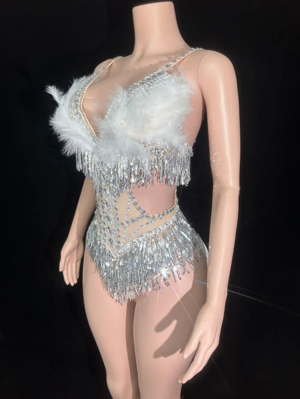Sparkly Rhinestone Sequin Feather Bodysuit Showgirl Stage Performance Leotard