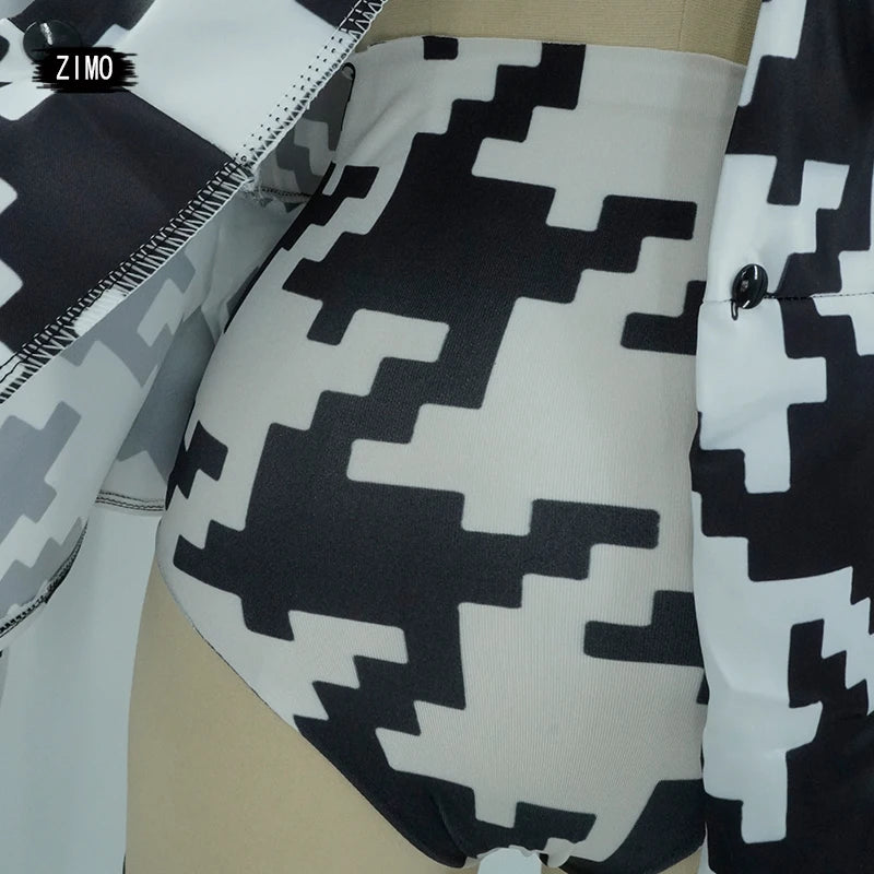 Houndstooth Geometric Print Bodysuit, Over-Knee Boots & Statement Hat 3-Piece Stage Costume Set