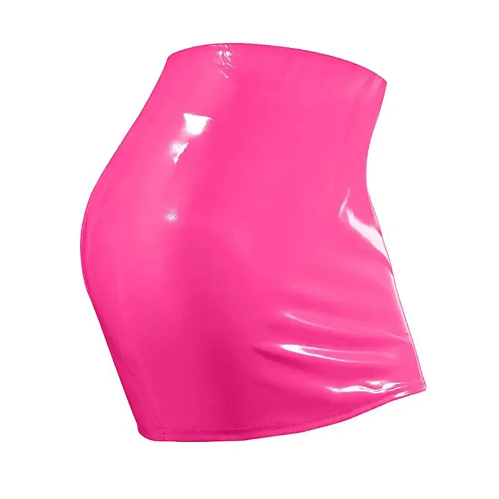 Glossy PU Faux Leather Micro Mini Skirt High-Stretch Liquid Shine Pencil Skirt
