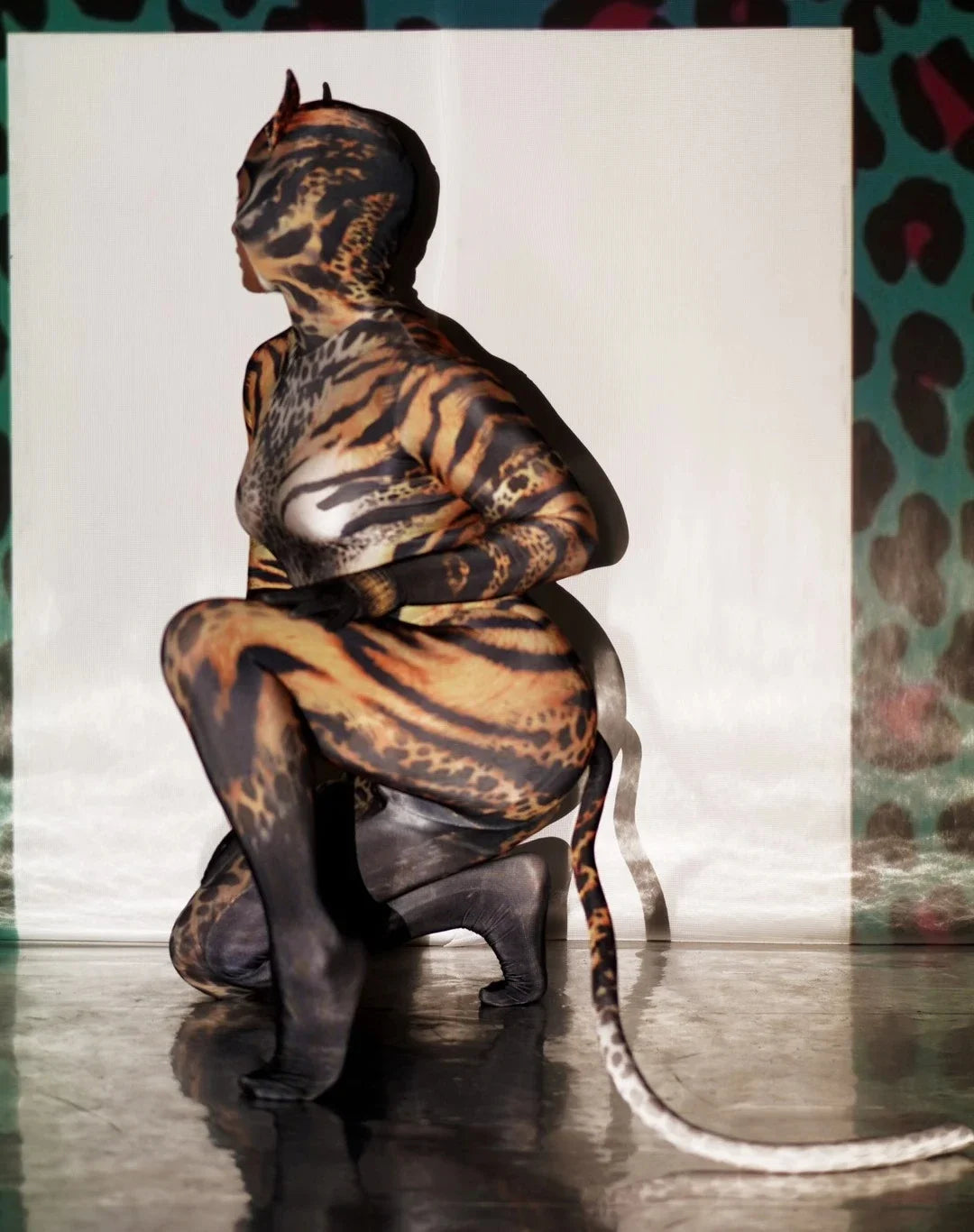Leopard Print Long-Sleeve Catsuit Form-Fitting Stretch Jumpsuit Stage Costume