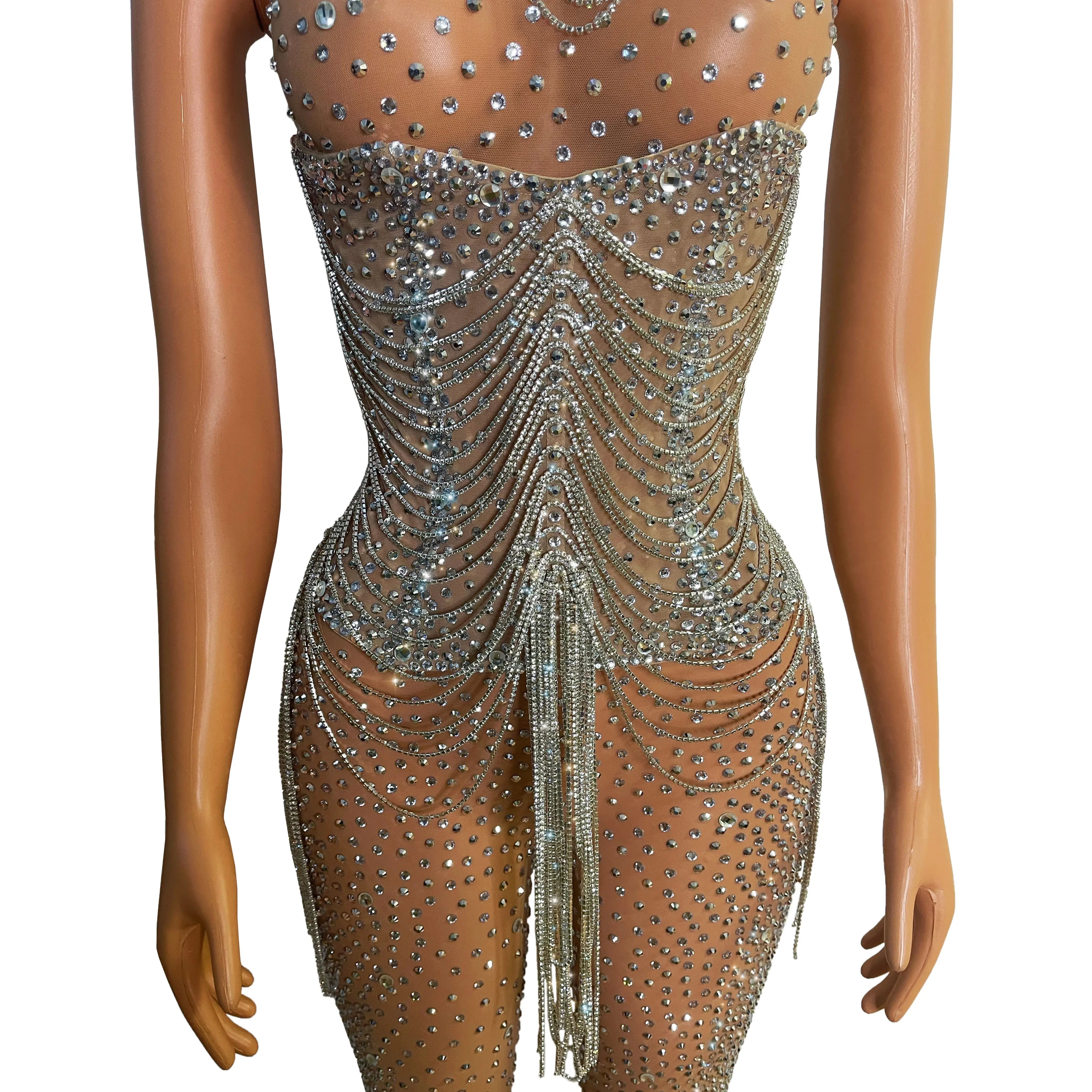Silver Crystal Fringe Illusion Jumpsuit Long Sleeve Rhinestone Catsuit Stage Wear