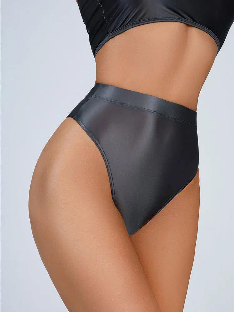 High-Waist Oil Glossy Sheer G-String Thong Satin Smooth Seamless Briefs