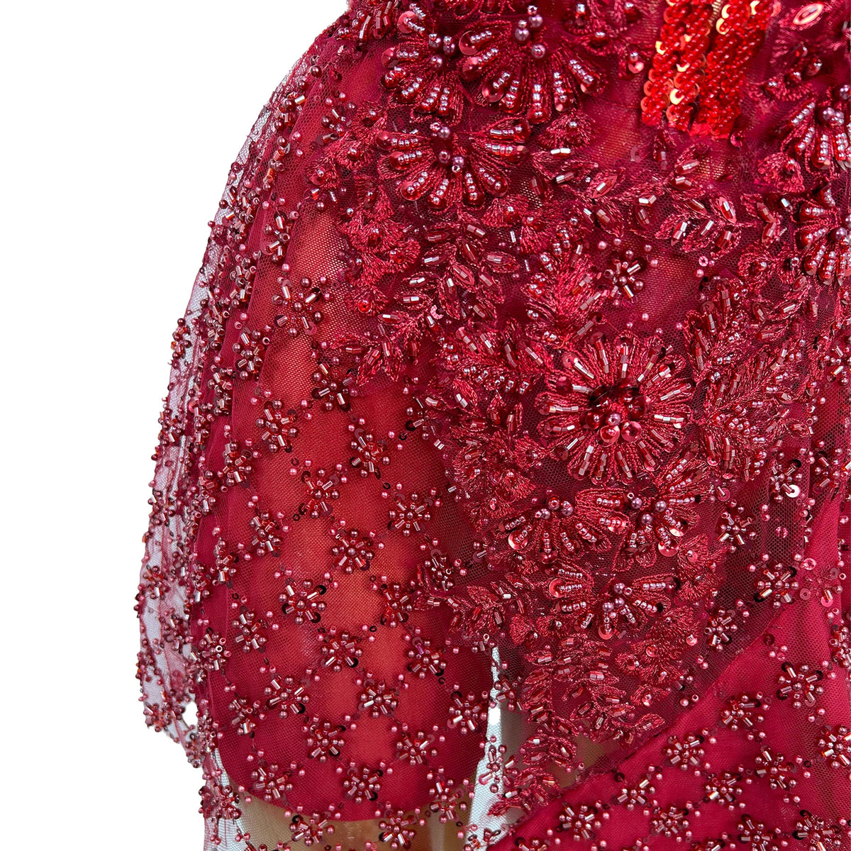 Women Sweetheart Red Sheer Mesh Neck Bodysuit Crystal Bodycon Mini Dress with Asymmetric Trailing Train Singer Show Costume