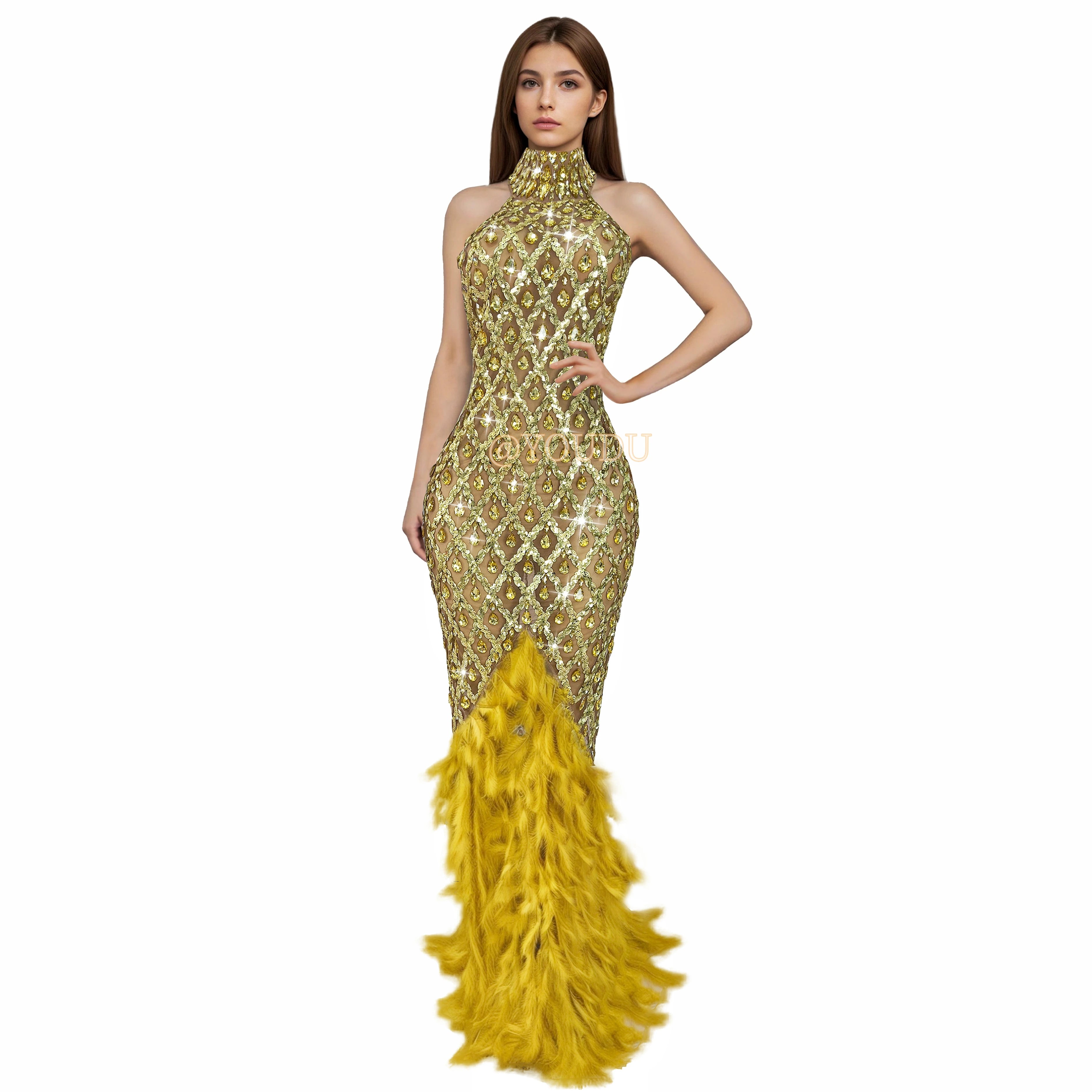 Sparkly Rhinestone Feather Sheer Mesh Evening Gown Stage Fashion Show Outfit
