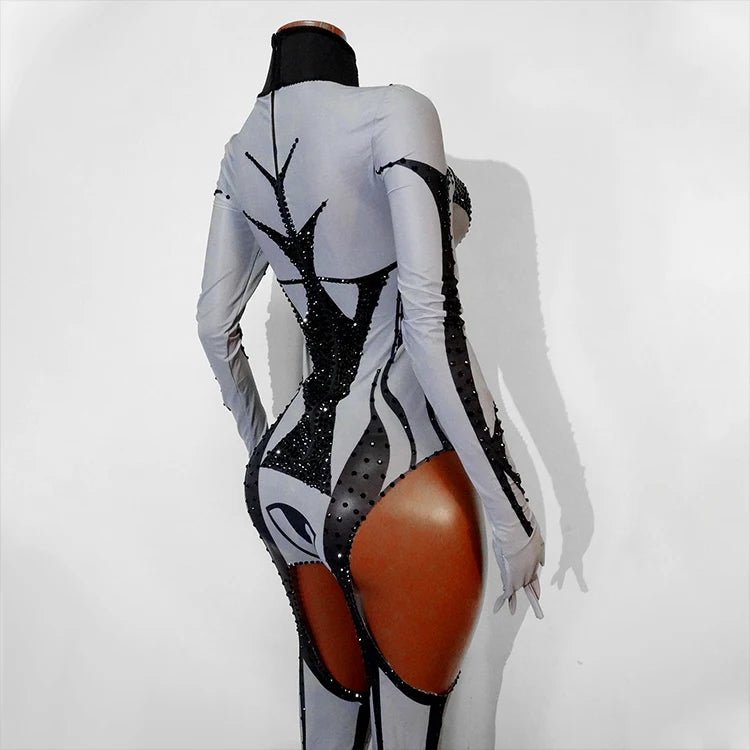 Rhinestone Mesh Jumpsuit Costume Set