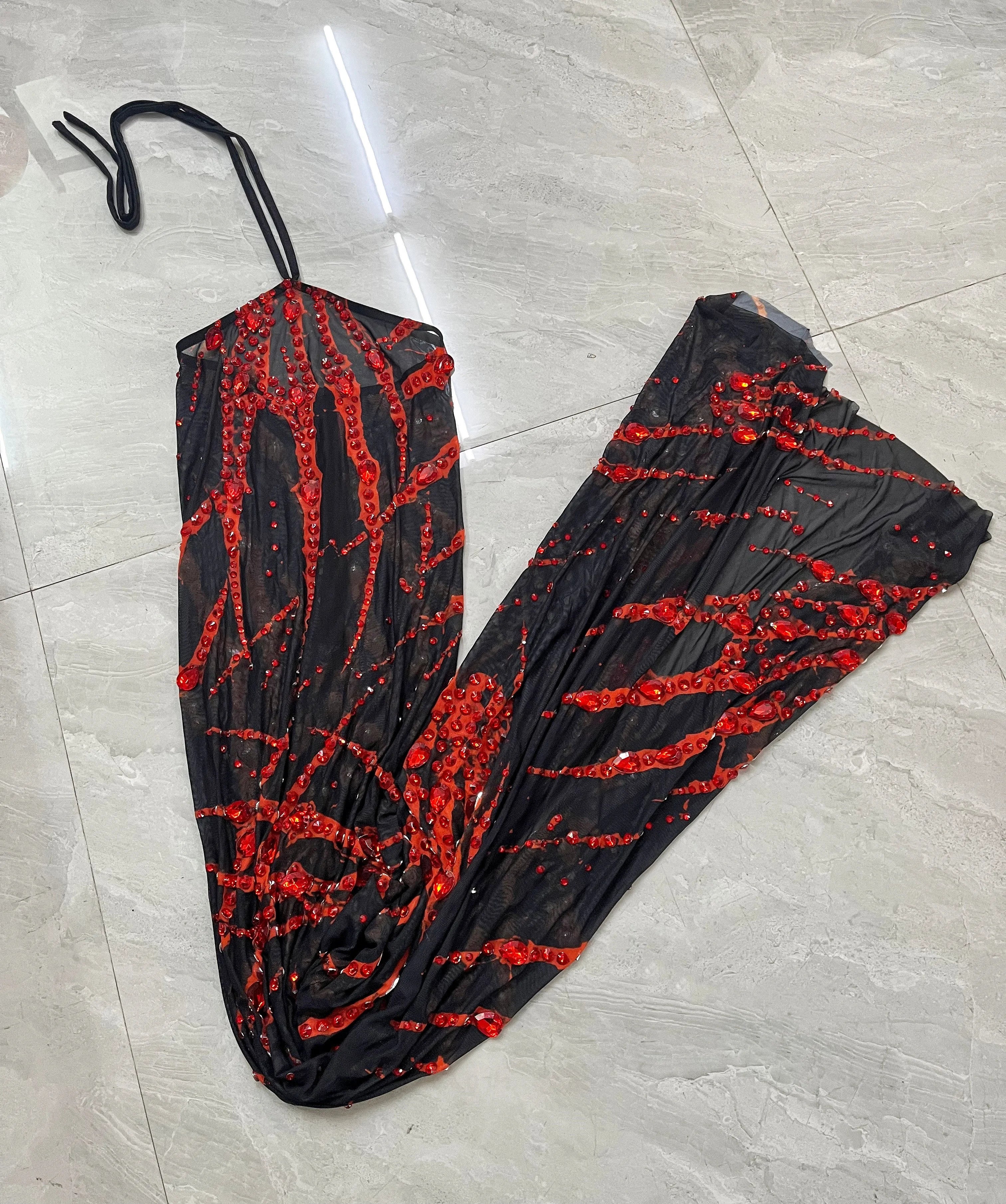 Crimson & Black Graphic Rhinestone Halter Maxi Gown Backless Illusion Evening Dress