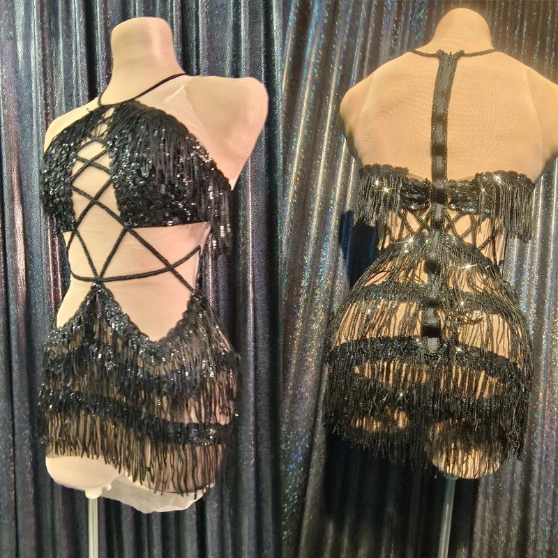 Black Sequin Cutout Fringe Mini Dress Crisscross Strappy Gogo Stage Costume