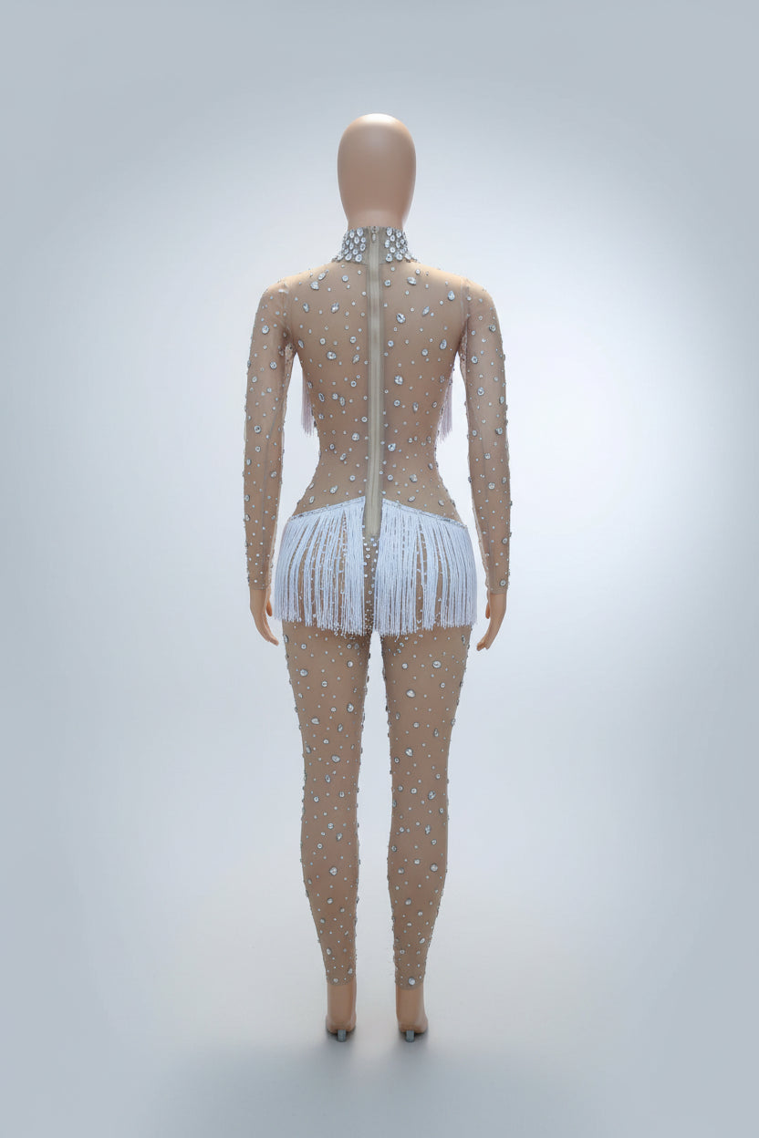 Silver Shattered Rhinestone Tassel Bodysuit Sheer Illusion Stage Jumpsuit