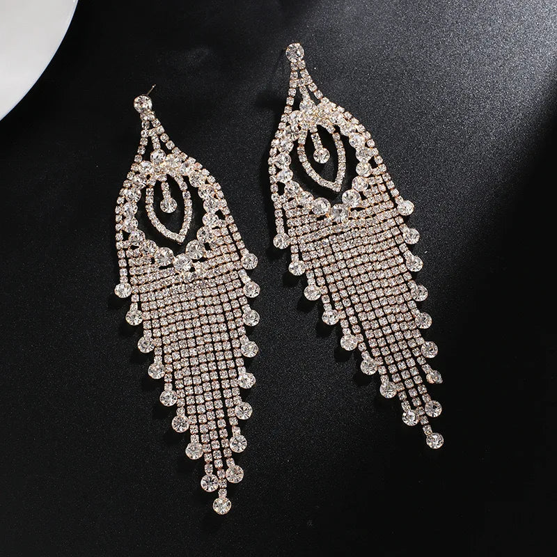 Teardrop Rhinestone Tassel Drop Earrings