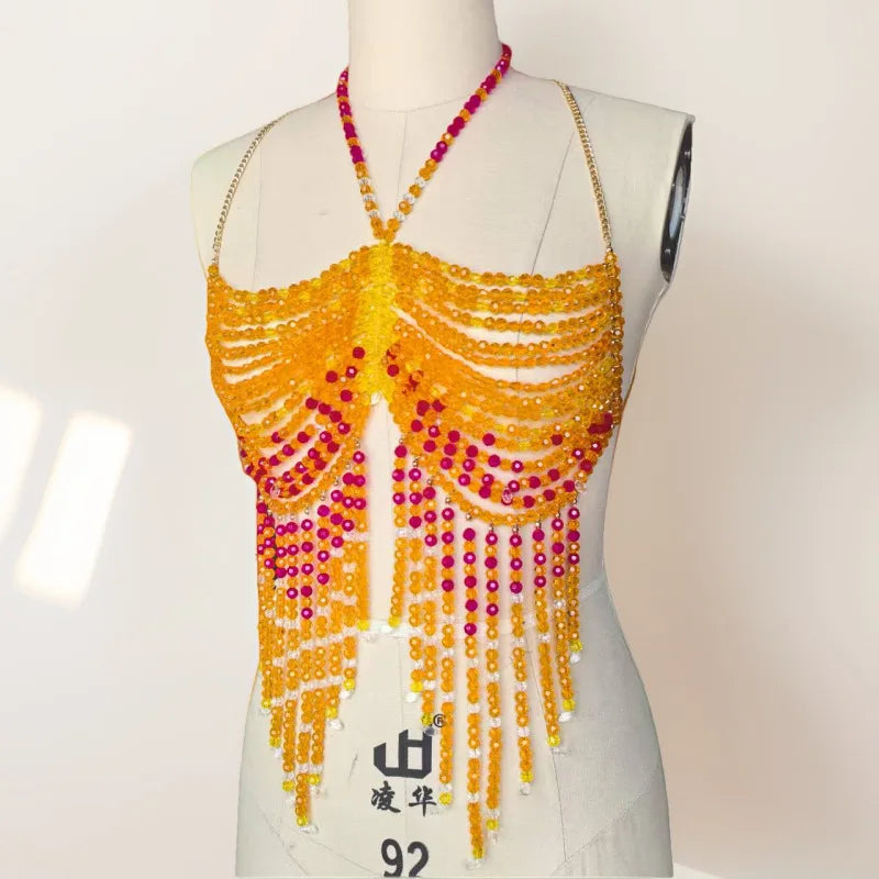 Handmade Multilayer Beaded Bra Chain & Vibrant Sunset Chest Harness