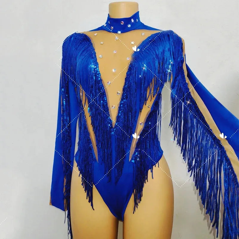 Blue Crystal Sequins Tassel Bodysuit Stage Performance Costume