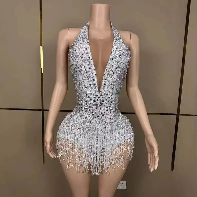 Deep V-Neck Backless Rhinestone, Pearl & Fringe Bodysuit Stage Performance Costume