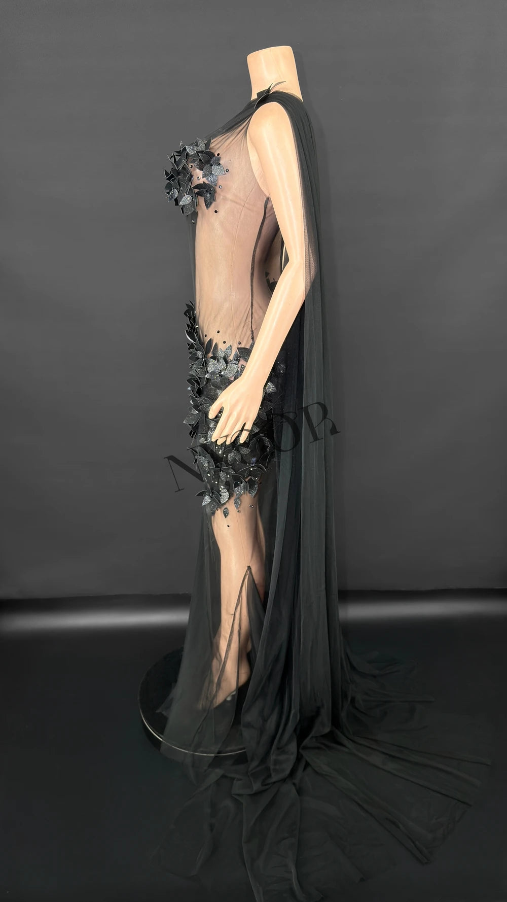 Sheer Rhinestone Applique Evening Gown Long Tail Showgirl Stage Performance Dress