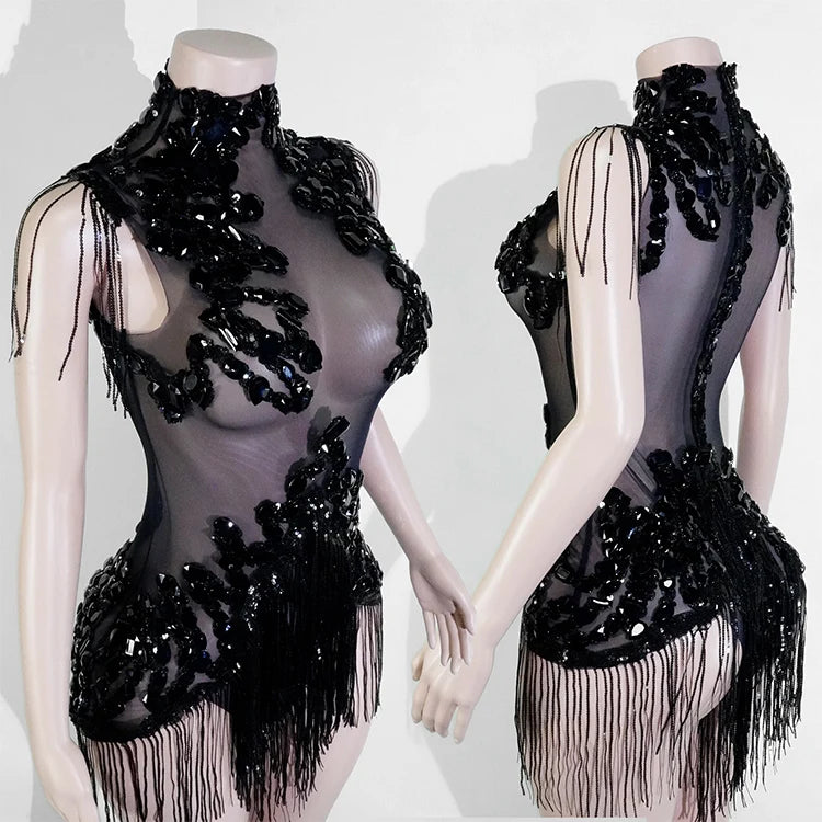 The Stardust Midnight Cabaret Bodysuit – Luxury Rhinestone & Mesh Showgirl Costume