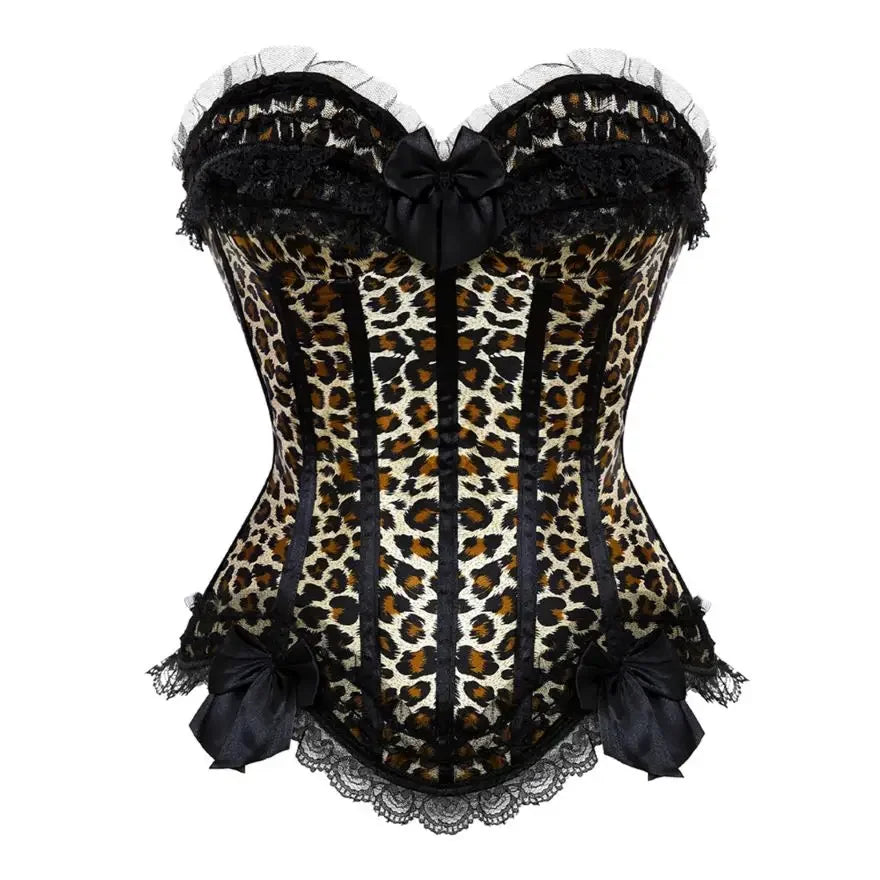 Leopard Satin Overbust Corset Lace Bowknot Clubwear Showgirl Body Shaper