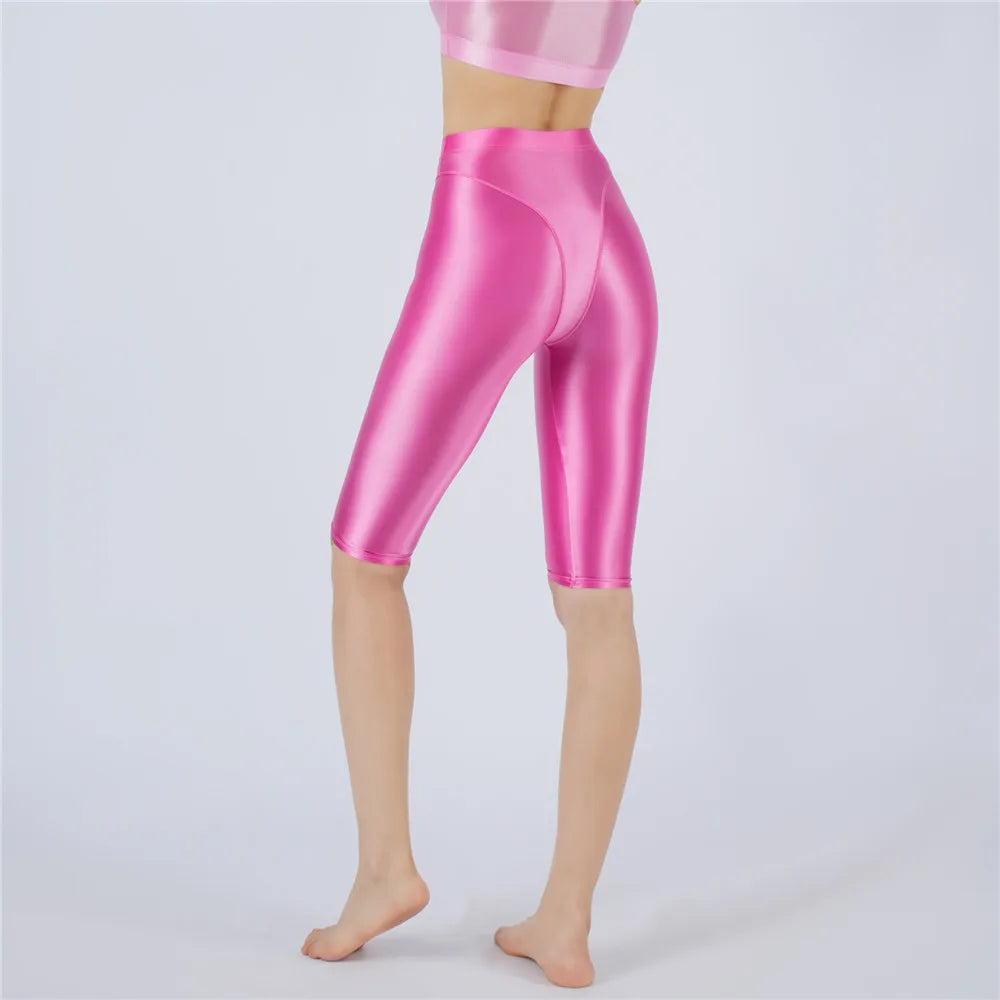 Oil Glossy High-Stretch Knee-Length Shorts Satin Shine Performance Biker Shorts