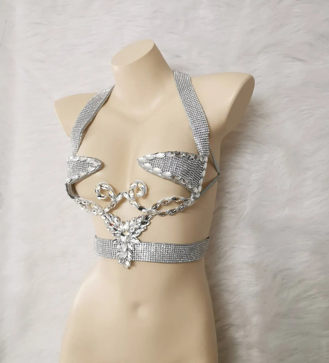 Sparkly Silver Carnival Rhinestone Wire Bra Festival Push-Up Dance Top